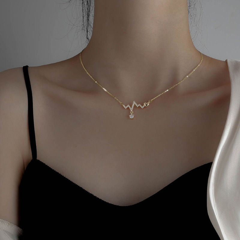 Personality Collarbone Chain Sweet Electrocardiogram Zircon Crystal Love Heart Beat Chart Necklace For Women