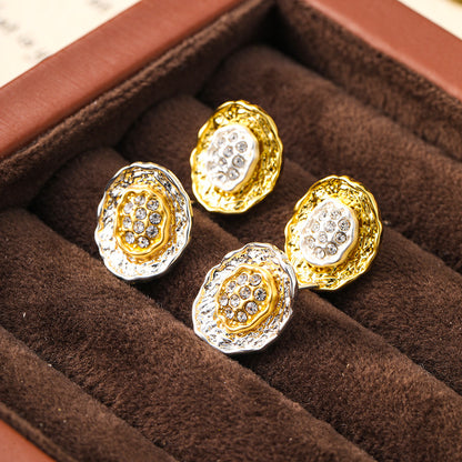 Pleated button gold and silver contrast retro earrings niche design versatile earrings