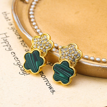 Real gold plated simple diamond-inlaid malachite lucky clover five-leaf flower earrings silver needle earrings