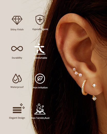 925 Sterling Silver Hypoallergenic Earrings Set for Multiple Piercing Dainty 14K Gold Plated Stud Huggie Small Hoop Earrings for Women Trendy Cute Earring Stacks for Sensitive Ears