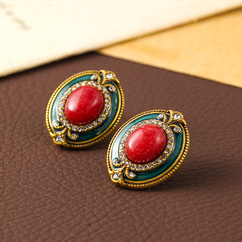 Vintage medieval jewelry earrings summer high-end niche luxury natural stone enamel retro earrings