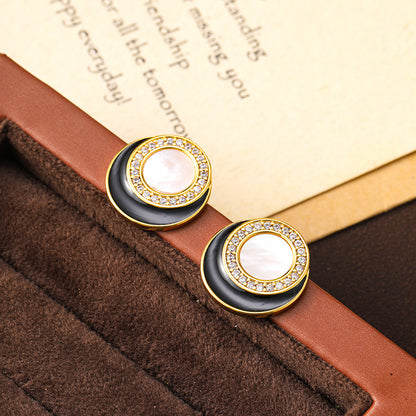 Black and white round oil-dropping white mother-of-pearl zircon earrings niche design Chanel style personality earrings silver needle