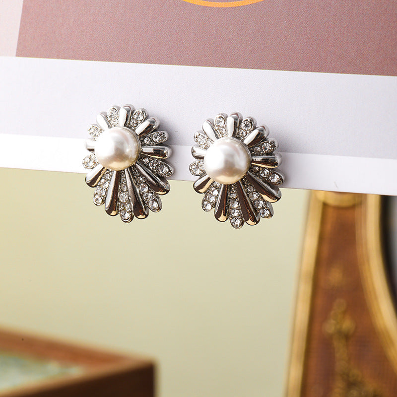 Sunflower Daisy Fireworks Diamond Pearl Earrings for Women Niche Cold Style Large Earrings Personalized Silver Needle Earrings