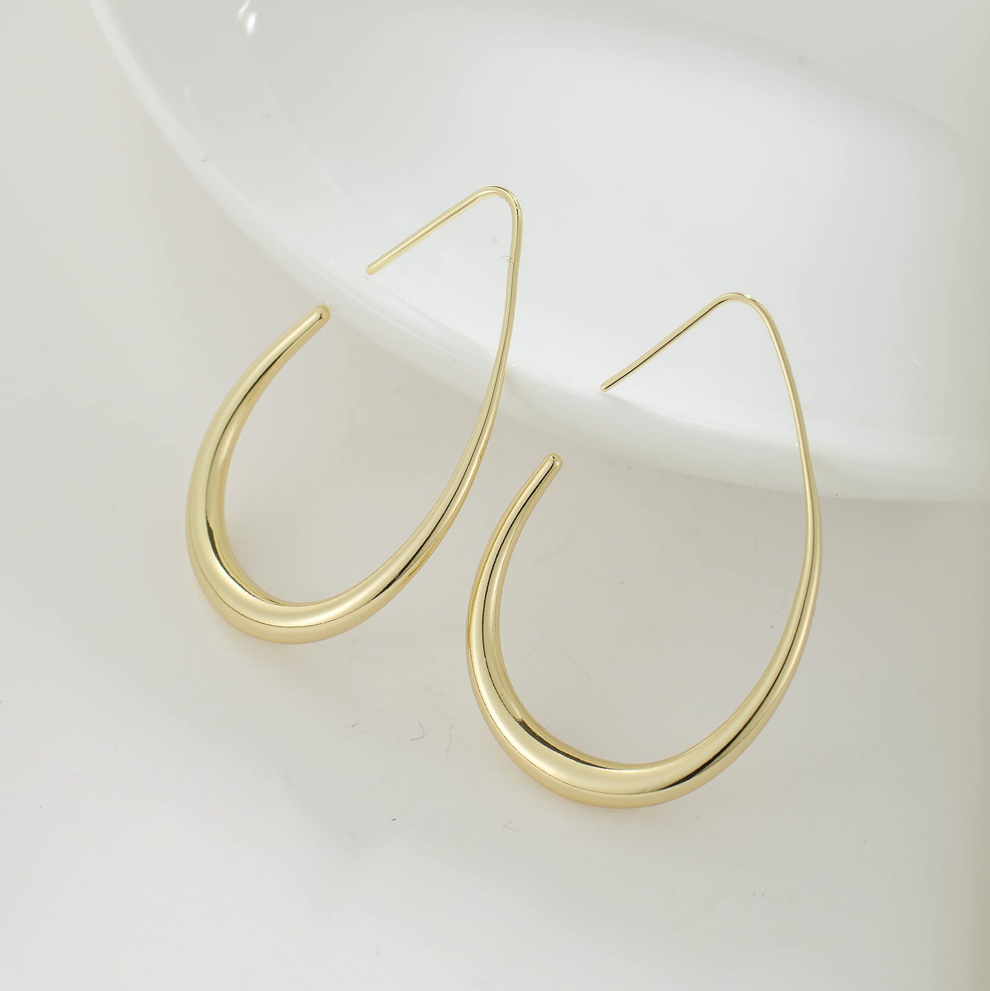 Lightweight Teardrop Hoop Earrings for Women - 14k Gold/White Gold Plated Large Oval Pull Through Hoop Earrings High Polished Statement Jewelry Gift for Women