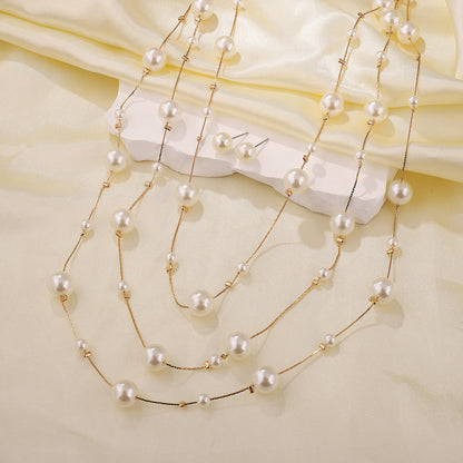 New French Light Luxury Multi layered Pearl Necklace Elegant Small Fragrance Design Pearl Earring Necklace