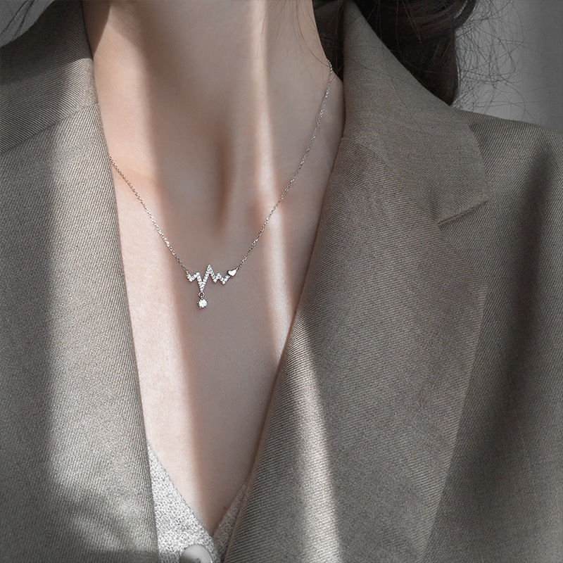 Personality Collarbone Chain Sweet Electrocardiogram Zircon Crystal Love Heart Beat Chart Necklace For Women