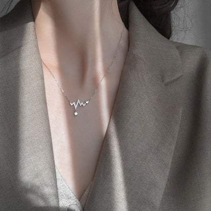 Personality Collarbone Chain Sweet Electrocardiogram Zircon Crystal Love Heart Beat Chart Necklace For Women