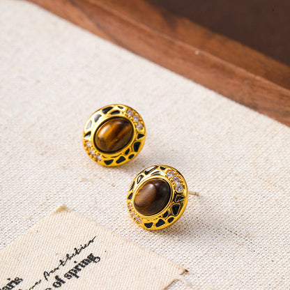 Maillard Retro Exquisite Tiger Eye Stone Earrings Female Niche Design High-end Earrings Holiday Style Silver Needle Earrings