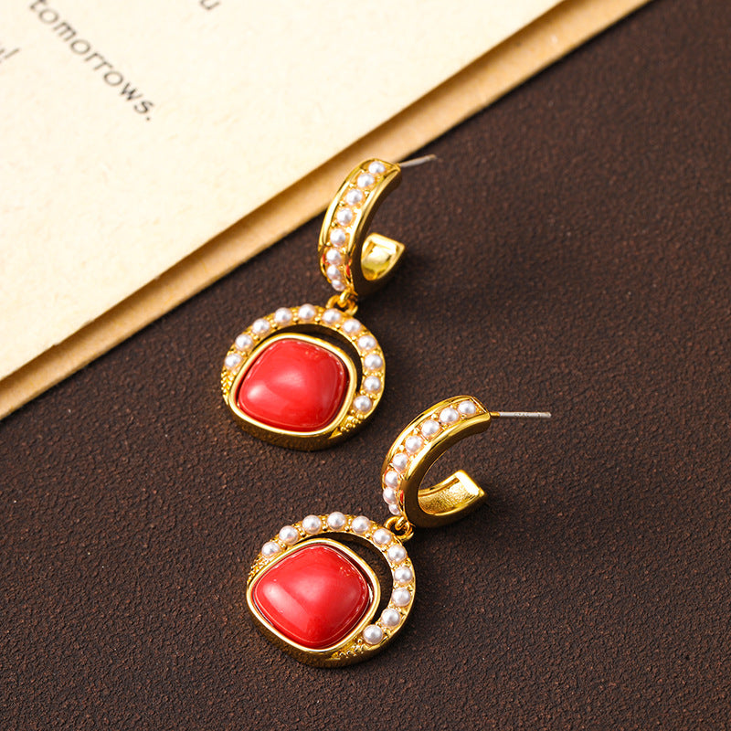 Original French retro elegant inlaid pearl natural stone medieval earrings niche earrings exaggerated earrings