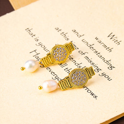 Personalized zircon watch, freshwater pearl earrings, retro earrings, silver needle earrings