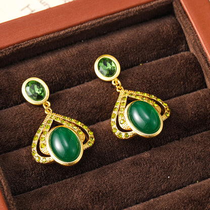 Medieval vintage palace style diamond heart emerald gemstone retro earrings high-end niche earrings
