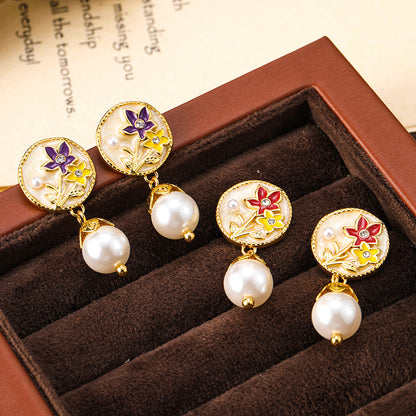 French fresh and fashionable colorful oil-drop flower pearl earrings, light luxury and high-end silver needle earrings