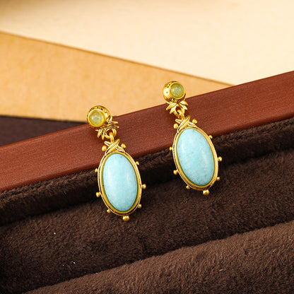 Oval natural stone ethnic style earrings for women, retro niche national style earrings, silver needles
