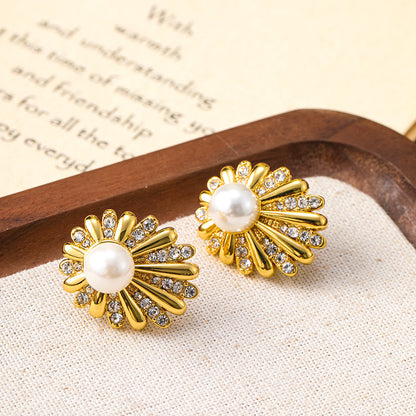 Sunflower Daisy Fireworks Diamond Pearl Earrings for Women Niche Cold Style Large Earrings Personalized Silver Needle Earrings