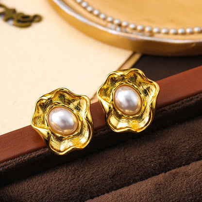 French gold retro irregular lace pearl earrings, high-end earrings, silver needles, light luxury, versatile and exaggerated earrings