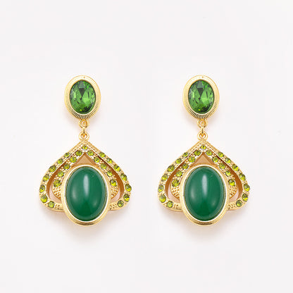 Medieval vintage palace style diamond heart emerald gemstone retro earrings high-end niche earrings