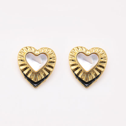 Enamel white mother-of-pearl heart earrings, retro earrings, niche fashion earrings