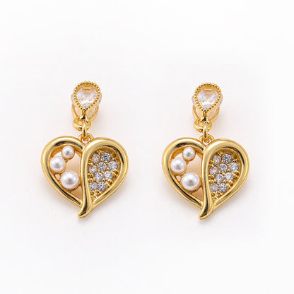 French exquisite hollow heart micro-inlaid zircon pearl earrings for women, high-end and versatile small silver needle earrings