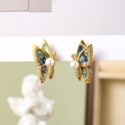 Original S925 silver needle abalone butterfly earrings pearl earrings