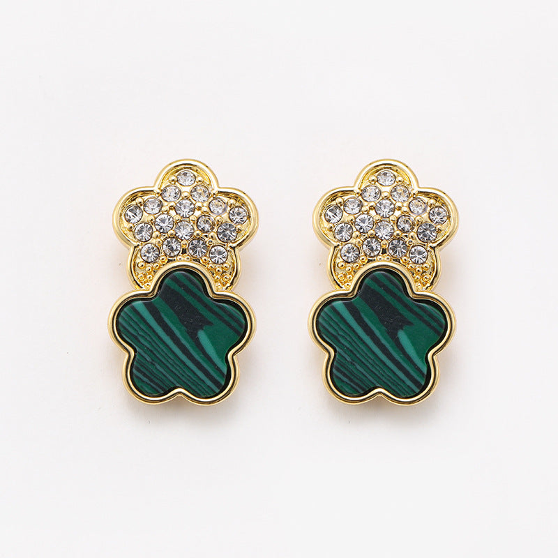 Real gold plated simple diamond-inlaid malachite lucky clover five-leaf flower earrings silver needle earrings