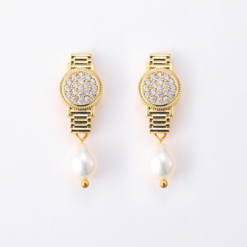 Personalized zircon watch, freshwater pearl earrings, retro earrings, silver needle earrings