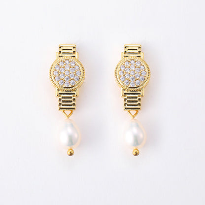 Personalized zircon watch, freshwater pearl earrings, retro earrings, silver needle earrings
