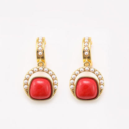 Original French retro elegant inlaid pearl natural stone medieval earrings niche earrings exaggerated earrings
