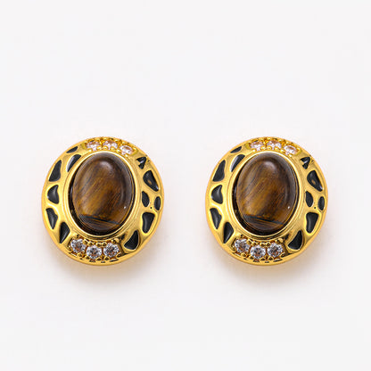 Maillard Retro Exquisite Tiger Eye Stone Earrings Female Niche Design High-end Earrings Holiday Style Silver Needle Earrings