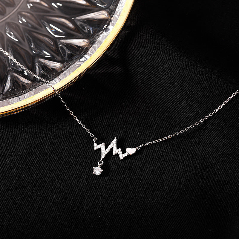 Personality Collarbone Chain Sweet Electrocardiogram Zircon Crystal Love Heart Beat Chart Necklace For Women