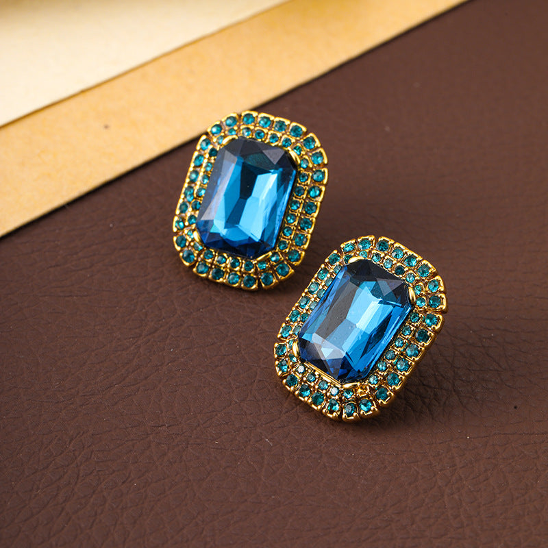 New geometric inlaid sapphire vintage earrings personalized retro earrings