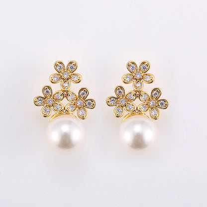 French elegant exquisite zircon flower pearl earrings retro earrings light luxury silver needle earrings
