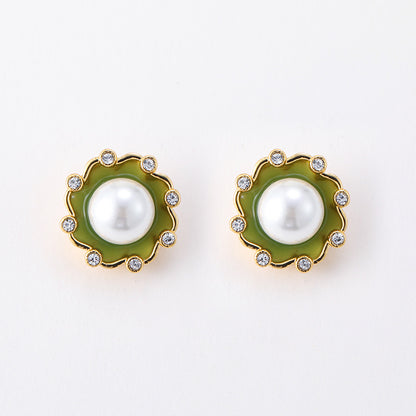 Retro enamel silver needle earrings pearl female Bohemian personality vintage earrings