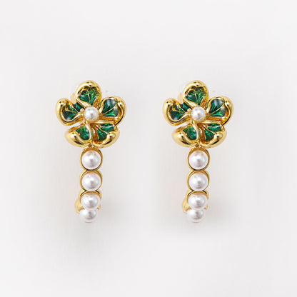 Original French retro colored enamel flower pearl earrings for women, versatile temperament C-shaped earrings, silver needles