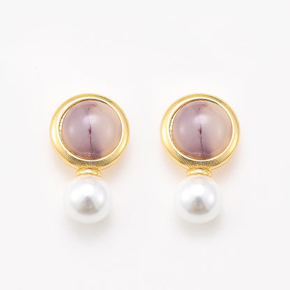 Retro round amethyst pearl earrings, niche atmosphere, personality, versatile temperament earrings for women