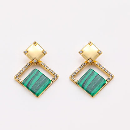Copper-plated real gold retro diamond-studded malachite geometric square earrings niche high-end luxury 925 silver needle earrings