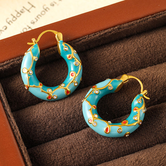Retro high-end thorn colored enamel earrings, niche personality, fashionable and light luxury ear clips