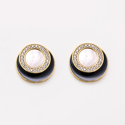 Black and white round oil-dropping white mother-of-pearl zircon earrings niche design Chanel style personality earrings silver needle