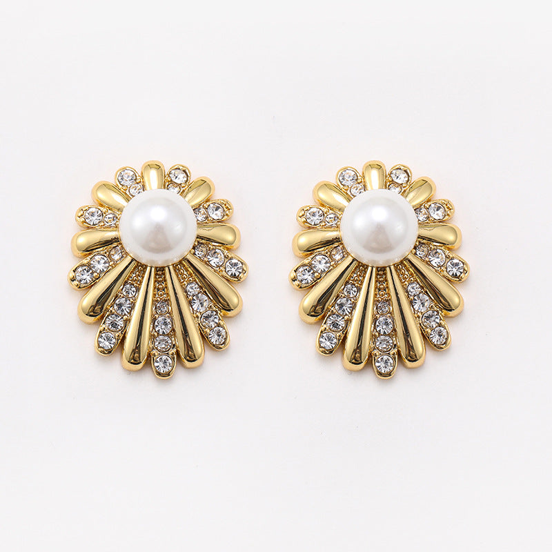 Sunflower Daisy Fireworks Diamond Pearl Earrings for Women Niche Cold Style Large Earrings Personalized Silver Needle Earrings