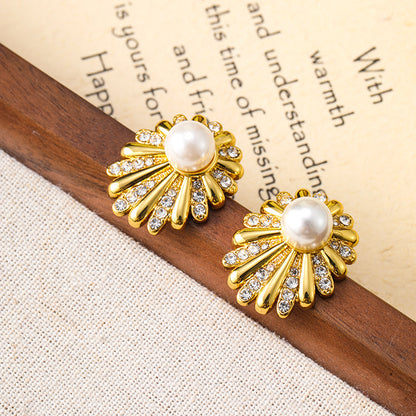 Sunflower Daisy Fireworks Diamond Pearl Earrings for Women Niche Cold Style Large Earrings Personalized Silver Needle Earrings