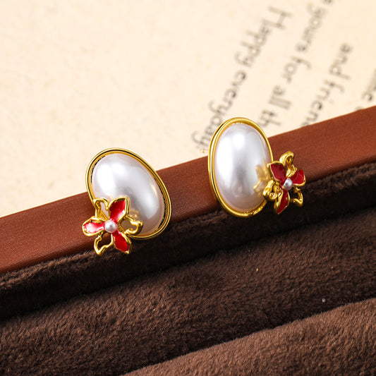 Super small oil-drop flower pearl earrings silver needle earrings for women, sweet and elegant earrings