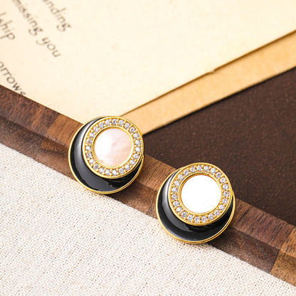 Black and white round oil-dropping white mother-of-pearl zircon earrings niche design Chanel style personality earrings silver needle