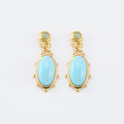 Oval natural stone ethnic style earrings for women, retro niche national style earrings, silver needles