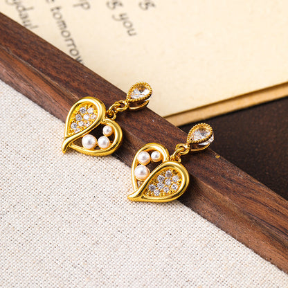 French exquisite hollow heart micro-inlaid zircon pearl earrings for women, high-end and versatile small silver needle earrings