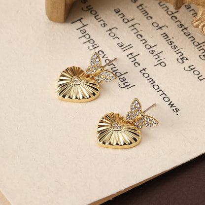 Full diamond butterfly heart retro earrings French light luxury gold-plated earrings silver needles