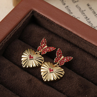Full diamond butterfly heart retro earrings French light luxury gold-plated earrings silver needles