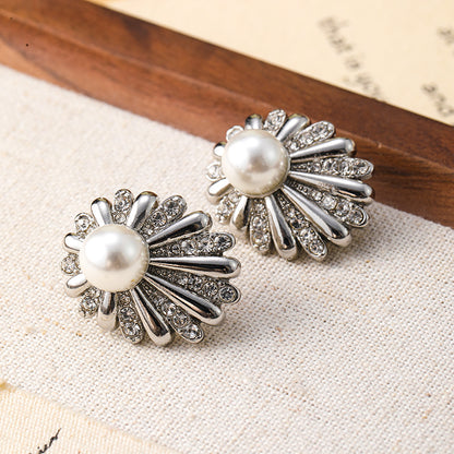 Sunflower Daisy Fireworks Diamond Pearl Earrings for Women Niche Cold Style Large Earrings Personalized Silver Needle Earrings