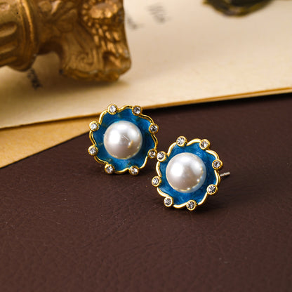 Retro enamel silver needle earrings pearl female Bohemian personality vintage earrings