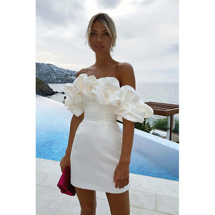 Solid color tube top off shoulder ruffled dress
