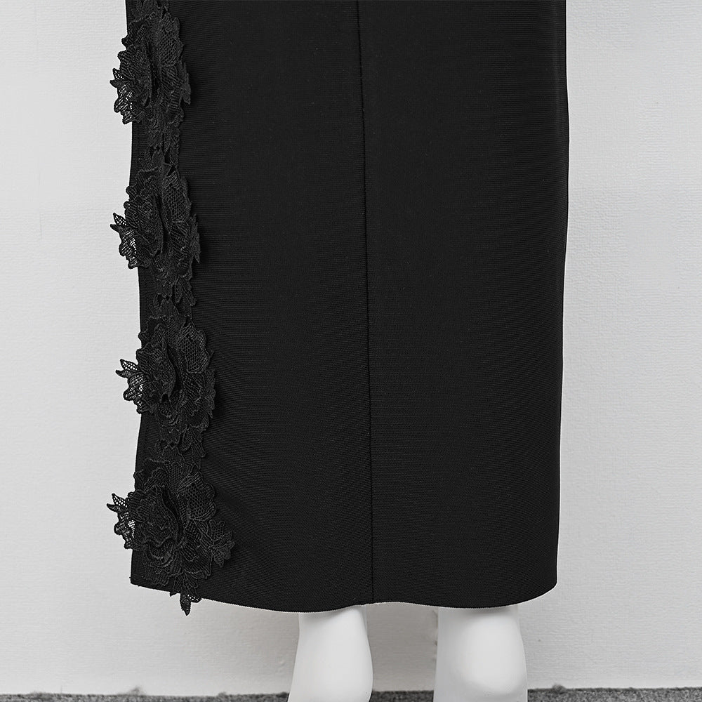 Black chest wrap sexy embroidered lace bandage long skirt 2024 elastic high-end heavy French slit dress