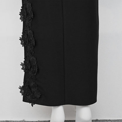 Black chest wrap sexy embroidered lace bandage long skirt 2024 elastic high-end heavy French slit dress